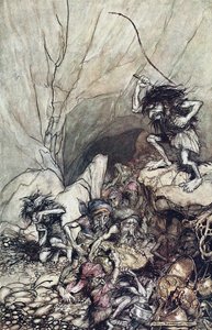 Alberich kjører i en gjeng med Niblungs lastet med gull- og sølvskatter. Illustrasjon for The Rhi av Arthur Rackham