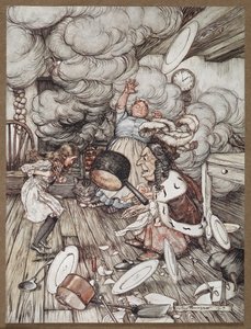 Alice på et kjøkken med hertuginnen, en kokk og Cheshire Cat av Arthur Rackham