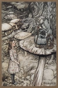 Alice snakker med Caterpillar som sitter på en sopp og røyker pipe av Arthur Rackham