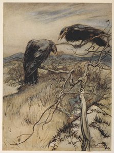 En illustrasjon av 'The Twa Corbies' av Arthur Rackham