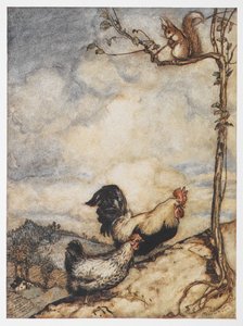 En illustrasjon av en høne, hane og ekorn fra The Adventures of Chanticleer and Partlet. av Arthur Rackham