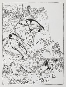 En gammel skjev mann med sin skjeve katt og skjeve hus. av Arthur Rackham