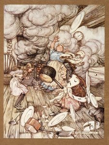 En uvanlig stor kasserolle fløy like ved den, og bar den nesten bort, fra Alices Adventures in Wonderland, av Lewis Carroll, pub.1907 av Arthur Rackham