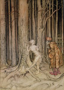 Til slutt møtte hun brudgommen som sakte kom tilbake, illustrasjon for Fichers Bird, fra Little Brother, Little Sister, av brødrene Grimm, 1917 (wc og penn og blekk på papir) (se også 28797) av Arthur Rackham