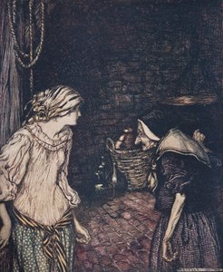 Til slutt nådde hun kjelleren, og der fant hun en gammel, gammel kvinne med risting på hodet... fra The Fairy Tales of the Brothers Grimm, pub. 1909 av Arthur Rackham