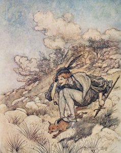 Bort fløy de over stokk og stein, i et slikt tempo at håret hans suste i vinden, fra The Fairy Tales of the Brothers Grimm, pub. 1909 av Arthur Rackham