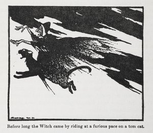 Snart kom heksen forbi i et rasende tempo på en katt. av Arthur Rackham