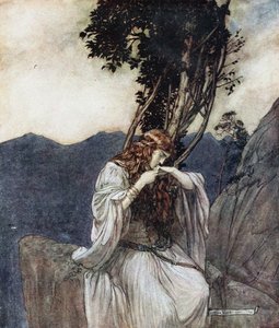 Brünnhilde kysser ringen som Siegfried har lagt igjen hos henne. Illustrasjon for Siegfried and The Twi av Arthur Rackham