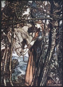 Brünnhilde fører hesten sin ved hodelaget. Illustrasjon for Rhinegold og Valkyrien av Richa av Arthur Rackham