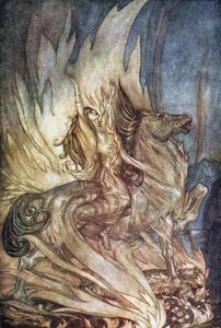Brünnhilde på Grane hopper på gravbålet til Siegfried. Illustrasjon for Siegfried and The Tw av Arthur Rackham