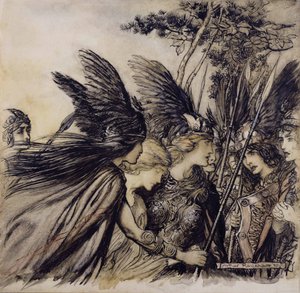 Brunnhilde Implores the Valkyries, illustrasjon fra The Rhinegold and the Valkyrie, av Richard Wagner, utgave utgitt 1910 (penn, blekk og wc på papir) av Arthur Rackham