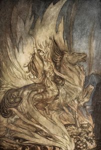 Brunnhilde på Grane hopper videre til begravelsesbålet til Siegfried, illustrasjon fra 