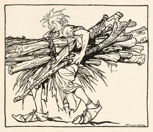 Carl bygger et tilfluktsrom for natten, fra The Carl of the Drab Coat i Irish Fairy Tales av Arthur Rackham