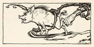 Carl fanger et villsvin til kveldsmat, fra The Carl of the Drab Coat i Irish Fairy Tales av Arthur Rackham