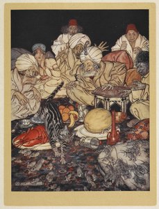 Dick Whittingtons katt som rir kongen av maurerne av musene sine. av Arthur Rackham