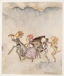 Hver og en, snubler på tåen, vil være her med mopp og klipp, illustrasjon fra William Shakespeares The Tempest, pub. 1926 av Arthur Rackham