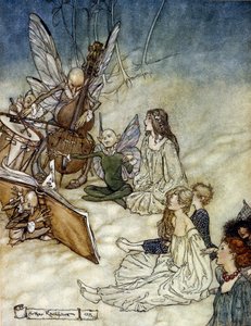 Elves Playing Music Illustrasjon av Arthur RACKHAM (1867-1939) for The Dream of a Summer Night av William SHAKESPEARE av Arthur Rackham