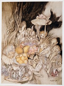 Gå inn i flere merkelige former, ta med en bankett ?. inviter kongen, etc. til å spise, illustrasjon fra William Shakespeares The Tempest, pub. 1926 av Arthur Rackham