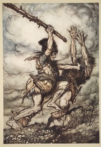 Fafner dreper Fasolt, illustrasjon fra 'The Rhinegold and the Valkyrie', 1910 av Arthur Rackham