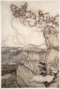 Fairies in mountains, fra Rip Van Winkle av Washington Irving, pub. 1910 av Arthur Rackham