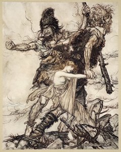 Fasolt griper plutselig Freia og drar henne til side med Fafner, illustrasjon fra 
