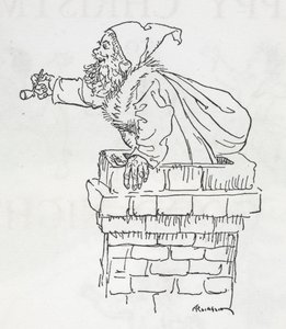 Julenissen klatrer ned en skorstein av Arthur Rackham