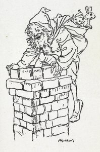 Julenissen klatrer ned en skorstein med en sekk med gaver av Arthur Rackham