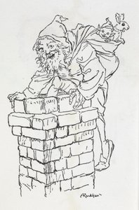 Julenissen klatrer inn i en skorstein med gaver av Arthur Rackham
