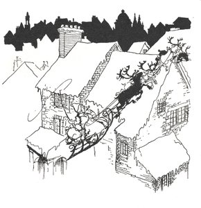 Julenissen i sleden sin som flyr over snødekte hustak av Arthur Rackham