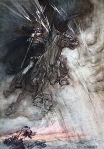 Rasende rir Wotan til fjellet. Illustrasjon for Rhinegold og Valkyrien av Richard av Arthur Rackham