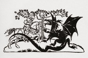 George og dragen. Fra boken English Fairy Tales gjenfortalt av F.A. Steel med illustrasjoner av Arthur Rackham, utgitt 1927. av Arthur Rackham