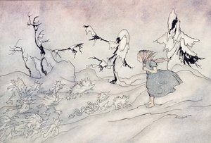 Gerda er livredd for snødronningens fremvakt, men hun sa Fader vår og blir reddet av små lyse engler, illustrasjon fra Snødronningen av Hans Christian Andersen, utgitt 1932 (wc & i) av Arthur Rackham