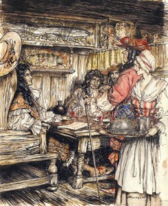 Gå og se på et av kaffehusene i King Street i Westminster, illustrasjon fra The Compleat Angler av Isaac Walton, 1931 (penn og blekk og akvarell på papir) av Arthur Rackham