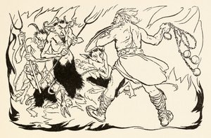 Goll mac Morna angriper helvete for å redde Fionn og Fianna-finnen, fra The Little Brawl at Allen i Irish Fairy Tales av Arthur Rackham