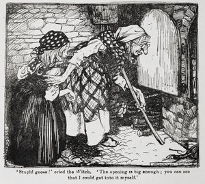 Grethel og den gamle heksa ved ovnen fra Hansel og Grethel. av Arthur Rackham
