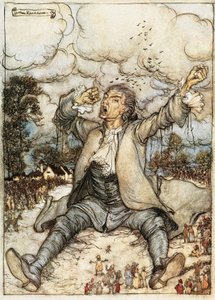 Gulliver våkner i Lilliput, illustrasjon fra Gulliver