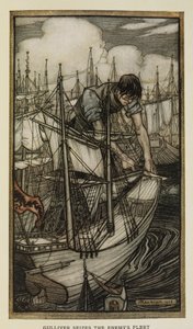 Gulliver fanger fiendens flåte, illustrasjon fra Gulliver