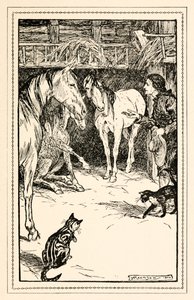 Gulliver har æren av å bli avhørt av sine mesters gjester fra del IV: A Voyage to the Country of the Houyhnhnms i Gullivers Travels av Jonathan Swift av Arthur Rackham