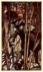 Gulliver blir slått av frykt ved første blikk for de Brobdingnagian-høster fra del II: A Voyage to Brobdingnag i Gullivers Travels av Jonathan Swift av Arthur Rackham