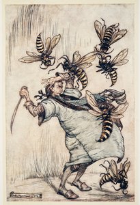 Gulliver's Combat with The Wasps, fra Gulliver's Travels av Jonathon Swift (1667 - 1745), pub. 1909 (farge litho) av Arthur Rackham