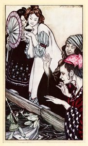 Gullivers møte med frosken fra del II: A Voyage to Brobdingnag i Gullivers Travels av Jonathan Swift av Arthur Rackham