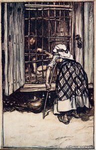 Hansel stakk ut et knokebein, og den gamle kvinnen, hvis øyne var svake, kunne ikke se, og trodde det var fingeren hans, og hun var meget forbauset over at han ikke ble feit ..fra The Fairy Tales of the B av Arthur Rackham