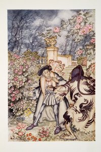 Han hørte en høy lyd, og så et beist komme mot ham, så skummelt å se på at han var klar til å besvime av frykt, fra The Arthur Rackham Fairy Book, pub. 1933 av Arthur Rackham