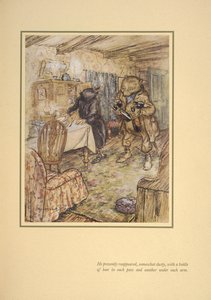 Han dukket snart opp igjen, noe støvete, med en flaske øl i hver øl under hver arm. av Arthur Rackham