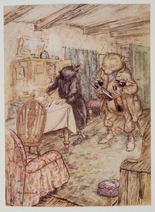 Han dukket for øyeblikket opp igjen, noe støvete, med en flaske øl i hver pote og en annen under hver arm, fra Wind in the Willows av Kenneth Grahame (1859 - 1932), pub. 1940 av Arthur Rackham