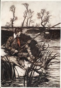 Han satt på en våt stein og fisket hele dagen., fra Rip Van Winkle av Washington Irving, pub. 1910 av Arthur Rackham