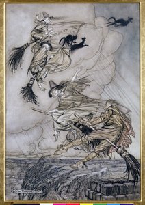 Hei! Opp Chimney Lass! Hey After you!, illustrasjon i The Ingoldsby Legends of Mirth and Marvels, 1907 (penn og blekk med wc på papir) av Arthur Rackham