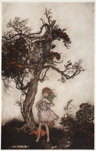 Barna hans var like fillete og ville som om de ikke tilhørte noen., fra Rip Van Winkle av Washington Irving, pub. 1910 av Arthur Rackham