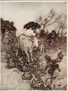 Kua hans ville komme på avveie eller komme blant kålene., fra Rip Van Winkle av Washington Irving, pub. 1910 av Arthur Rackham