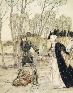 Hvordan Beaumains beseiret den røde ridderen, og damoselen alltid sa mange stygge ord til ham (penn og blekk og wc) av Arthur Rackham